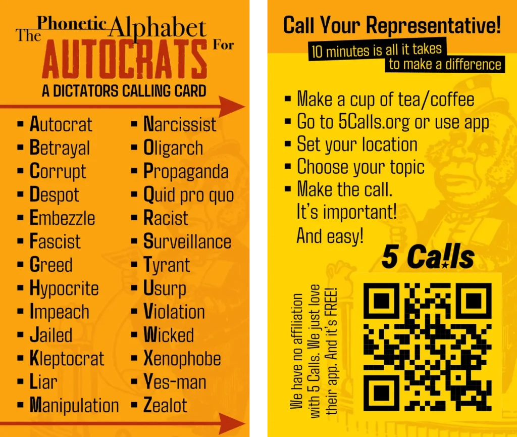 Call your representatives - 5 Calls - Alphabet for Autocrats: A Dictator's Calling Card - Composite featured image