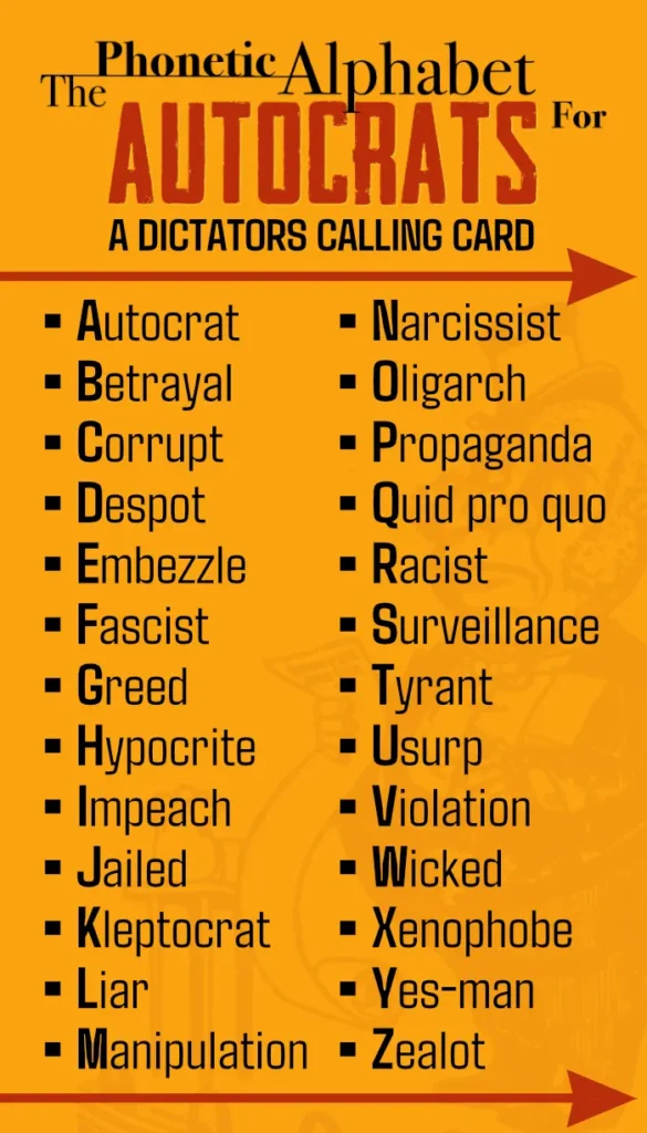 Call your representatives - 5 Calls - Alphabet for Autocrats: A Dictator's Calling Card - front