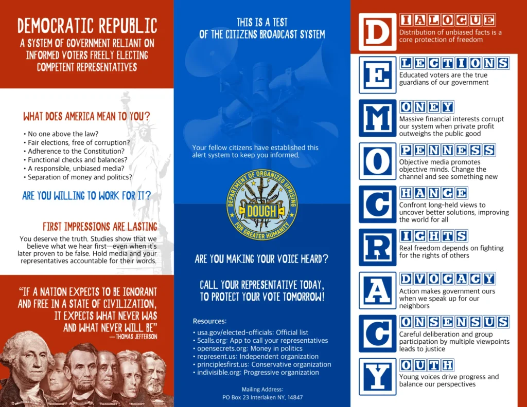 DEMOCRACY tri-fold brochure explaining media bias and how to consume the news with critical thinking mnemonic: LENS-Look for bias, Extract essentials, Note omissions, Seek sources - Outer spread