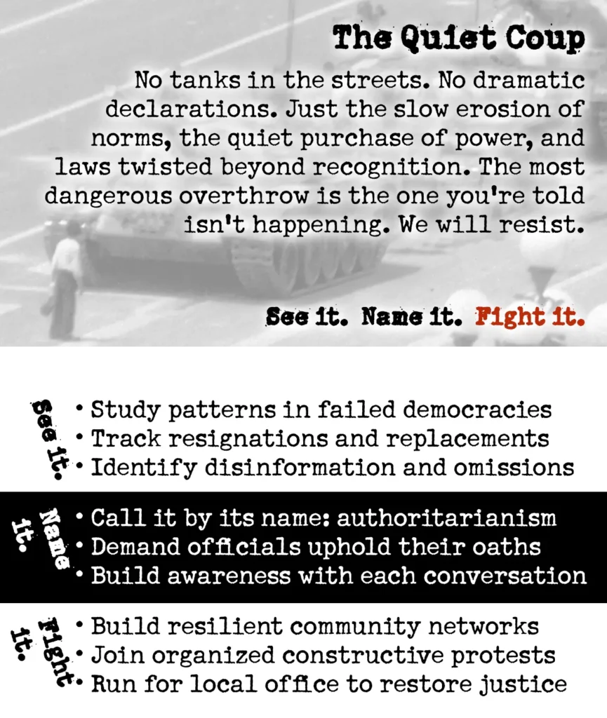 The Quiet Coup card, composit - No tanks in the streets, just the slow erosion of norms...