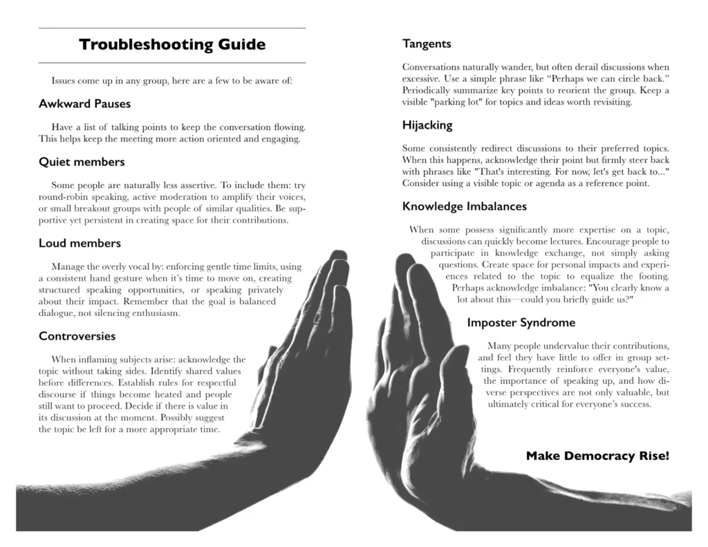 Inside spread of Kitchens for Democracy - Troubleshooting guide